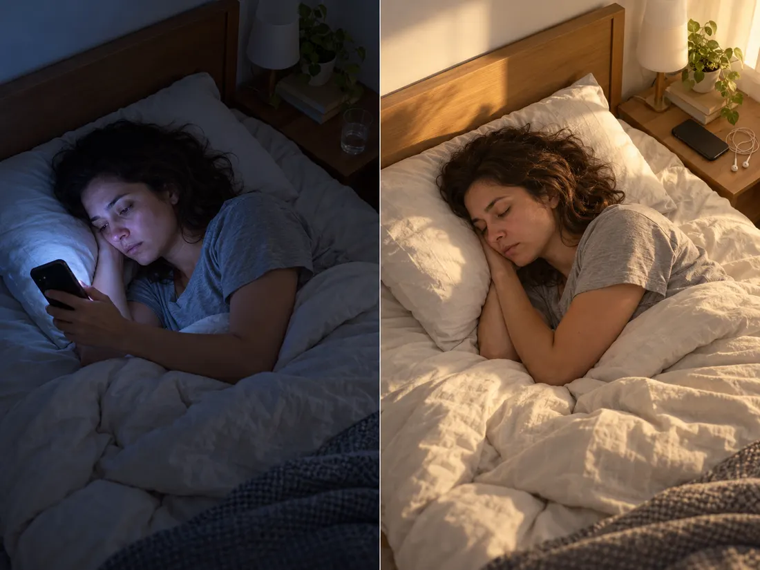 À esquerda, mulher acordada de madrugada olhando o celular. À direita, a mesma mulher dormindo, com o celular virado na mesa.