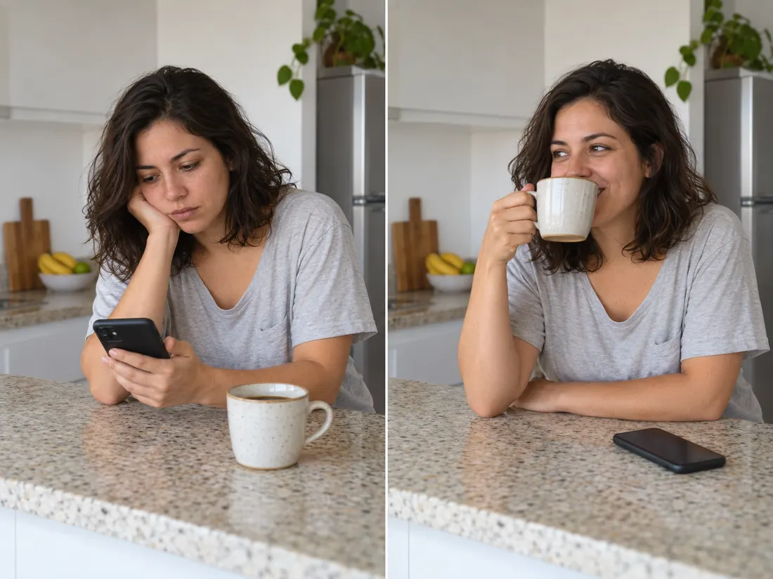 À esquerda, mulher na cozinha olhando o celular com o olhar perdido. À direita, a mesma mulher tomando café, com o celular virado na bancada.