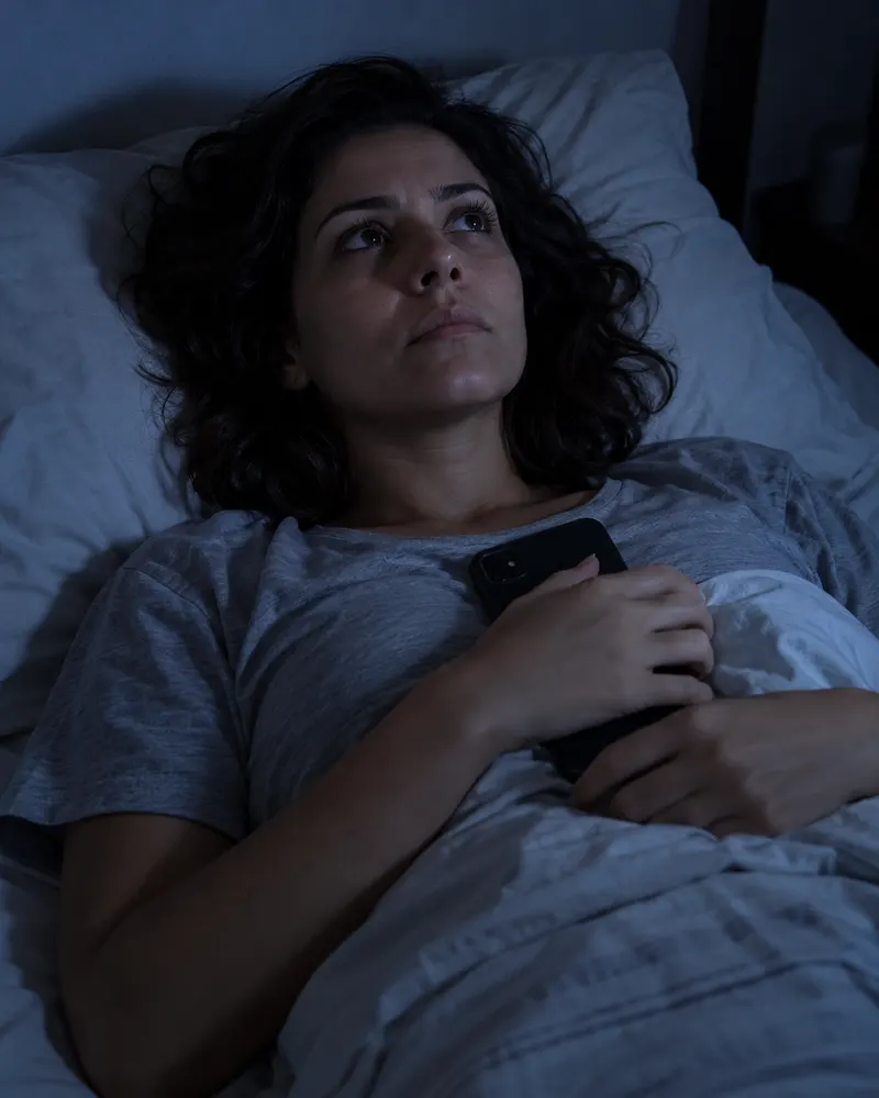 Mulher acordada de madrugada, deitada, encarando o teto com o celular no peito.